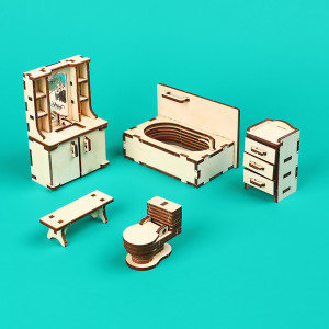 Мебель для кукол Спальня/Кухня/Детская/Ванная/Кабинет/Гостинная, фанера, 21х15х4см, 6 дизайнов