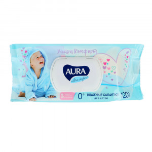 Влажные салфетки детские AURA ULTRA COMFORT с экстрактом алоэ и витамином Е, с крышкой, 120 шт