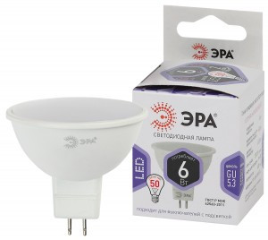 ЭРА лампа св/д стандарт MR16 GU5.3 6W(480lm) 6000K 6K саффит матовая 50x50 49069