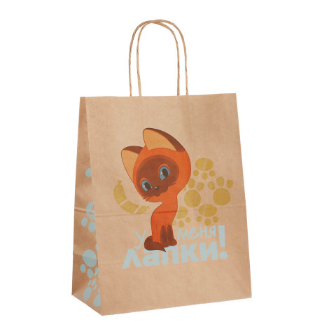 Пакет подарочный с кручеными ручками крафт 24х14х30см, "Котёнок по имени Гав. У меня лапки" в ассорт