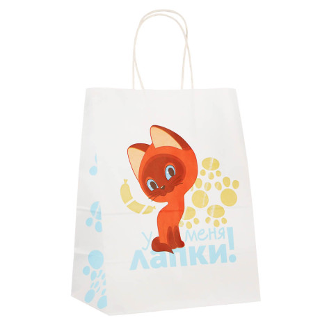 Пакет подарочный с кручеными ручками крафт 24х14х30см, "Котёнок по имени Гав. У меня лапки" в ассорт