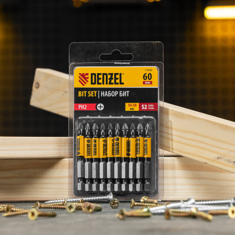 Бита PH2х60, сталь S2, цилиндр., 10 шт. Е 6,3 Denzel