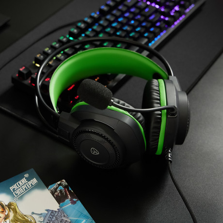 BY Наушники проводные с микрофоном игровые Сabasset 3.5мм 4pin-SPK+MIC 3,2 м, зелёные