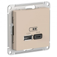 Systeme Electric AtlasDesign мех. роз. СУ 1 мест. USB СУ A+С, 5В/2,4А, 2х5В/1,2А ПЕСОЧНЫЙ