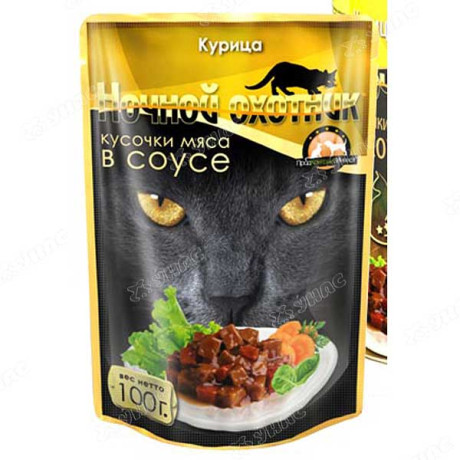Ночной охотник Консервированный корм для кошек (пакет дой-пак), Мясные кусочки в СОУСЕ, КУРИЦА 100 грамм х24