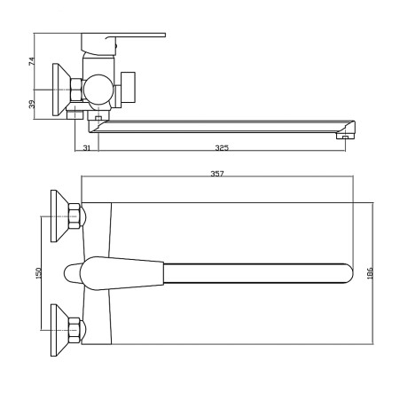 СоюзКран Смеситель для ванны с душем, прямой излив 35см, керам. картридж 35мм, хром, цинк, SK08-P105
