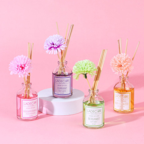 LADECOR Аромадиффузор с палочками и декором, 50мл, ароматы розы-пачули/бергамот/смородины/анти-табак