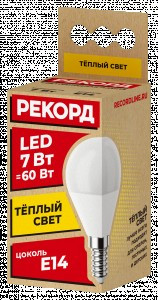 РЕКОРД лампа св/д шар P45 Е14 7W(560lm) 3000K 2K без пульсации 82x45 2г арт.23883