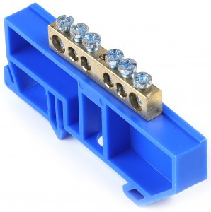 Smartbuy Шина N "Ноль" (нул.) (латунь) 6х9мм, синий изолятор на DIN-рейку, 6 отв. SBE-bc-6-dr