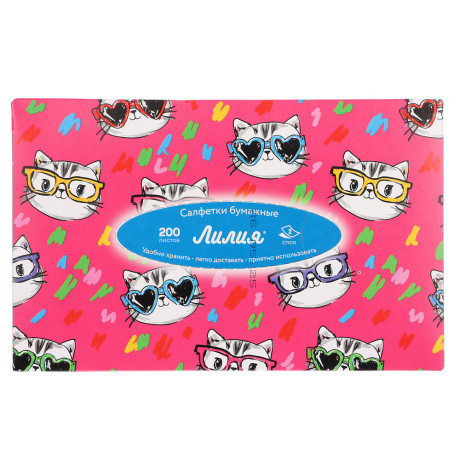 Салфетки бумажные двухслойные Лилия non-stop, 4 дизайна, 200л