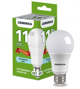 ВЫГОДНО GENERICA лампа св/д ЛОН A60 E27 11W(1100lm) 6500K 6K 55x100 матов.  LL-A60-11-230-65-E27-G