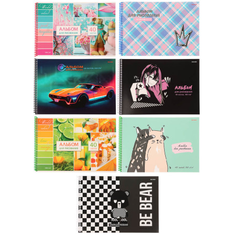 Альбом для рисования A4 40л., офсет 100г/м2, обл.картон, спираль, микс