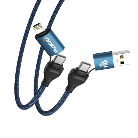 BY Рыжий Кабель для зарядки Diverse 4в1 USB/iP/microUSB/Type-C, 1м,  3А, PD 65W, тканевый, черный