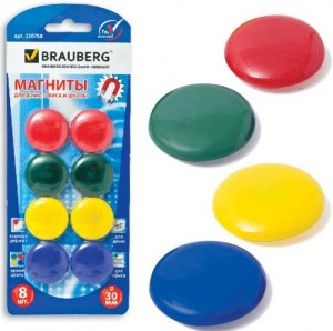 Магниты BRAUBERG диам. 30 мм, 8 шт., цв. покрытие, 230758