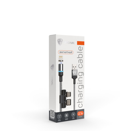 Кабель для зарядки 3в1 iP/microUSB/Type-C BY Магнитный, 1м, 2.1А, серый