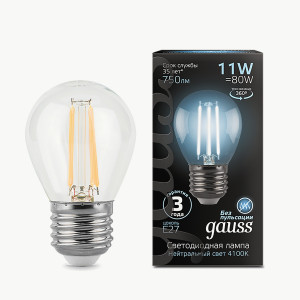 Gauss Filament лампа Шар G45 E27 11W(750lm) 4100K 4K филамент (нитевидная) прозр.105802211