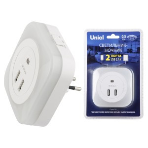 Uniel DTL-321 ночник 0.5W с USB-портами, 220V, фотосенсор, пластик, белый, BL