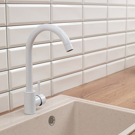 СоюзКран Смеситель для кухни, поворотный излив, керам. картридж 35мм, белый, нерж. сталь, SS01-R132