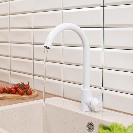 СоюзКран Смеситель для кухни, поворотный излив, керам. картридж 35мм, белый, нерж. сталь, SS01-R132