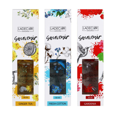 LADECOR Аромадиффузор с цветными палочками, Путешествия, 50 мл Свежесть хлопка/Гардения/Имбирный чай