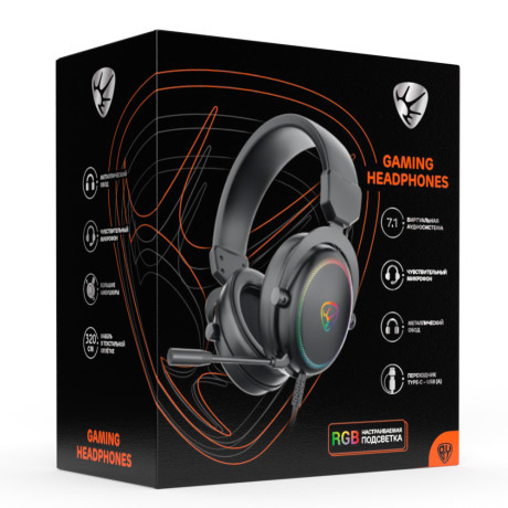 BY Наушники проводные с микрофоном игровые Kabuto Type-C USB(A)3,2 м, VS7.1, настр. RGB подсветка
