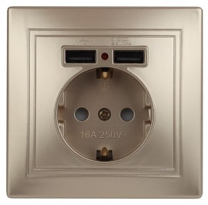 ЭРА Intro Plano роз. СУ, 1 мест. керам., земля, с 2xUSB 16A, штор. 5В-2,1А шампань, 1-410-04 3639