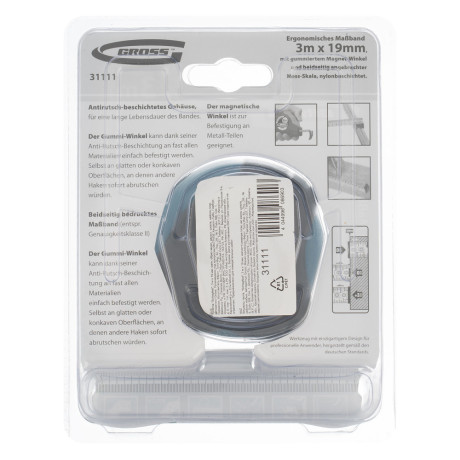 Рулетка "Schlagfest",3 м x 19 мм,магнитный обрезиненный зацеп,двусторонняя шкала,Нейлоновое покрытие,автоматическая фиксация Gross