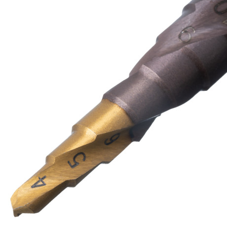 Сверло ступенчатое 4-5-6-7-8-9-10-11-12 мм, Р6М5К5, 6-гр. хвостовик Denzel