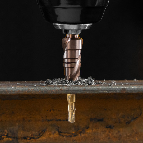 Сверло ступенчатое 4-5-6-7-8-9-10-11-12 мм, Р6М5К5, 6-гр. хвостовик Denzel