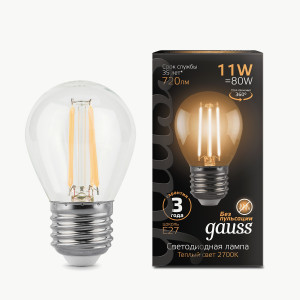 Gauss Filament лампа Шар G45 E27 11W(720lm) 2700K 2K филамент (нитевидная) прозр. 105802111