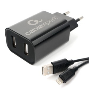 Сет. адаптер/зарядник/блок пит Cablexpert MP3A-PC-36, 2xUSB 2, общее 2.4A, черный + кабель 1м 8pin (
