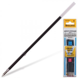 Стержни шарик. BRAUBERG, набор 5 шт., 107 мм евронаконичник, узел 0,7мм, линия 0,35мм, синие, 170192