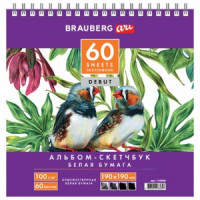 Скетчбук, белая бумага 100 г/м2, 190х190 мм, 60 л., гребень, жёсткая подложка, BRAUBERG ART &quot;DEBUT&quot;,