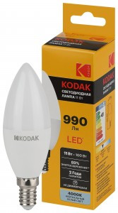 KODAK лампа св/д свеча B35 E14 11W(990lm) 4000K 4K 110х37 170-265В B35-11W-840-E14 2 года 57630