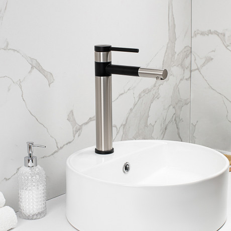 СоюзКран Смеситель для раковины, высокий поворотный, картридж 35мм, нерж. сталь, черный, SS02-M132