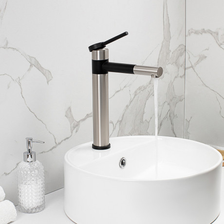 СоюзКран Смеситель для раковины, высокий поворотный, картридж 35мм, нерж. сталь, черный, SS02-M132