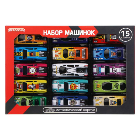 ИГРОЛЕНД Набор металлических машинок, 15 шт, металл, PP, 25х17х2 см