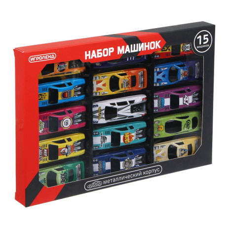 ИГРОЛЕНД Набор металлических машинок, 15 шт, металл, PP, 25х17х2 см