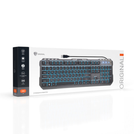 BY Клавиатура мембранная, 104кл., синяя подсветка, металл, синяя кириллица, каб.140см