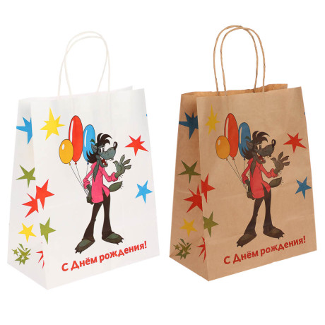 Пакет подарочный с кручеными ручками 24х14х30см, "Ну, погоди! С Днём Рождения", в ассортименте