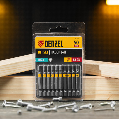 Бита HEX 4х50, сталь S2, шестигранный профиль, 10 шт. Е 6,3 Denzel