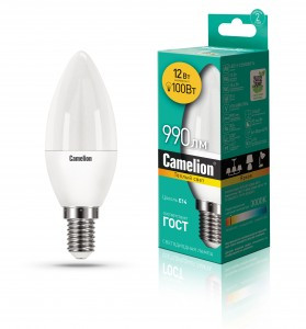 Camelion Свеча E14 12W( 990lm 220°) 3000K 2K матов. 107x38 пластик LED12-C35/830/E14