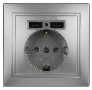 ЭРА Intro Plano роз. СУ, 1 мест. керам., земля, с 2xUSB 16A, штор. 5В-2,1А алюминий, 1-410-03 3578