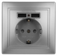 ЭРА Intro Plano роз. СУ, 1 мест. керам., земля, с 2xUSB 16A, штор. 5В-2,1А алюминий, 1-410-03 3578