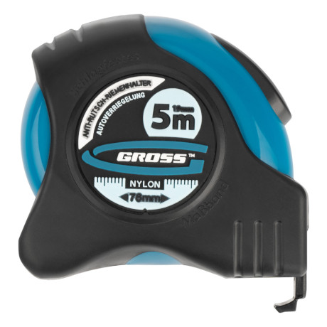 Рулетка "Schlagfest",5 м x 19 мм,магнитный обрезиненный зацеп,двусторонняя шкала,Нейлоновое покрытие,автоматическая фиксация Gross
