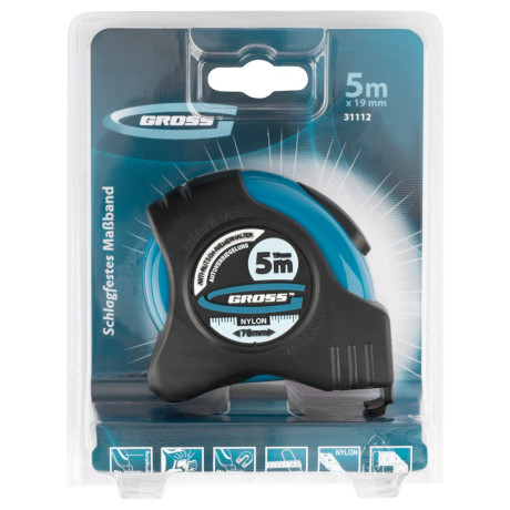 Рулетка "Schlagfest",5 м x 19 мм,магнитный обрезиненный зацеп,двусторонняя шкала,Нейлоновое покрытие,автоматическая фиксация Gross