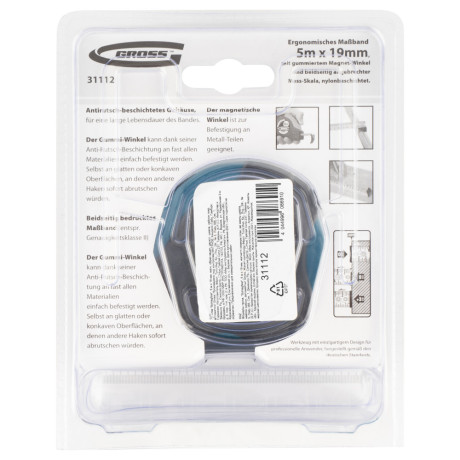 Рулетка "Schlagfest",5 м x 19 мм,магнитный обрезиненный зацеп,двусторонняя шкала,Нейлоновое покрытие,автоматическая фиксация Gross