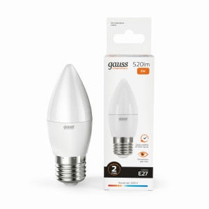 Gauss Elementary лампа Свеча E27 8W(520lm) 3000K 2K 100x37 матовая, пластик/алюм. 33218