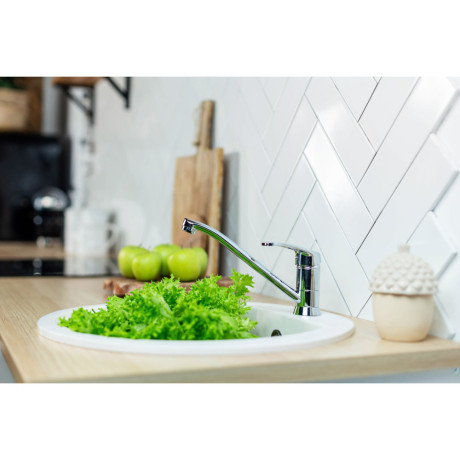 RAIN Смеситель для кухни Платина, длинный плоский излив, картриджд 40мм, гайка, латунь, хром