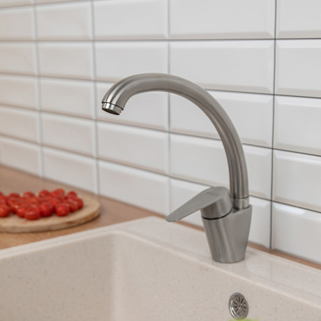 СоюзКран Смеситель для кухни, поворотный излив, керам. картридж 35мм, нерж.сталь, SS01-С233